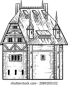 An old medieval house, inn or other building drawing or map design element in a vintage engraved woodcut style