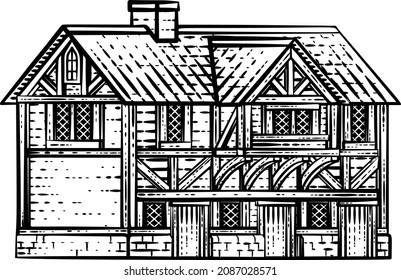 Ein altes mittelalterliches Haus, eine Reihe von Häusern oder ein Gestaltungs- oder Kartendesign-Element in einem Vintage-Stilstil