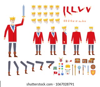 Old medieval king creation kit. Create your own pose, action, animation. Diverse emotions, gestures, design elements. Flat style vector illustration