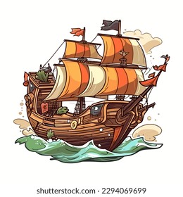 An old medieval sailing ship. A pirate ship sails into rough seas. The adventure of the corsairs. Cartoon vector illustration. label, sticker, t-shirt printing