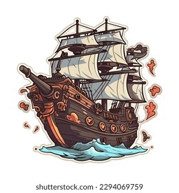 Un viejo barco de vela medieval. Un barco pirata navega en aguas turbulentas. La aventura de los corsarios. Ilustración vectorial de dibujos animados. etiqueta, pegatina, impresión de camisetas