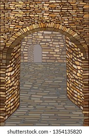 Old medieval street with a stone arch. Background. vector illustration