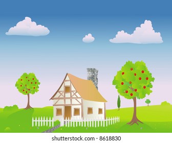 An old medieval style European hut in the spring countryside
