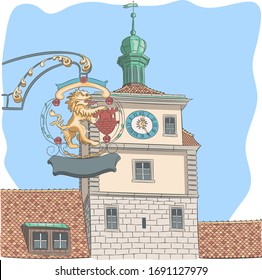 Old medieval tower and coat of arms with a lion. Rothenburg ob der Tauber. Germany. Bavaria