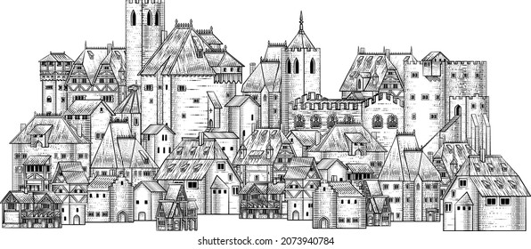 An Old Medieval Town, City Or Village Buildings Drawing Or Map Design Element In A Vintage Engraved Woodcut Style