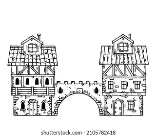 Old medieval town with gate and bridge. European cartoon city. Fairy tale fortress. Wooden German houses and street.