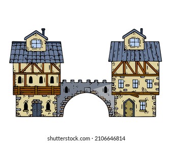 Old medieval town with gate and bridge. European cartoon city. Fairy tale fortress. Wooden German houses and street.