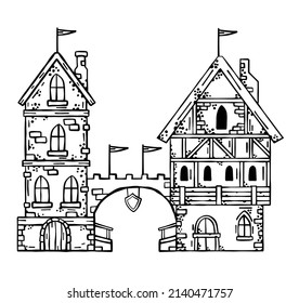 Old medieval town with gate and bridge. European cartoon city. Fairy tale fortress. Wooden German houses and street.