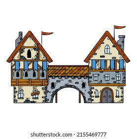 Old medieval town with gate and bridge. European cartoon city. Fairy tale fortress. Wooden German houses and street.