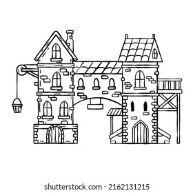 Alte mittelalterliche Stadt mit Tor und Brücke. europäische Cartoon-Stadt. Märchenfestung. Deutsche Holzhäuser und Straßen.