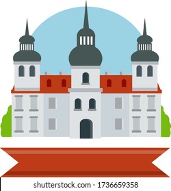 Old Medieval University. House of monastic order. Historic centre. Jesuit College. Flat European architecture. Building in Baroque style. Tower, Palace and castle
