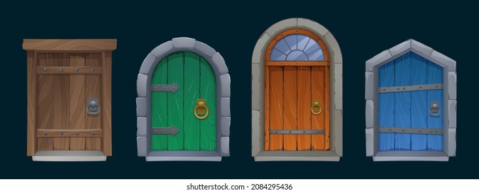 Old medieval wooden doors with handle, stone arch and step. Vector cartoon set of entrance in vintage house, castle or temple. Colored ancient doors from wood planks isolated on black background