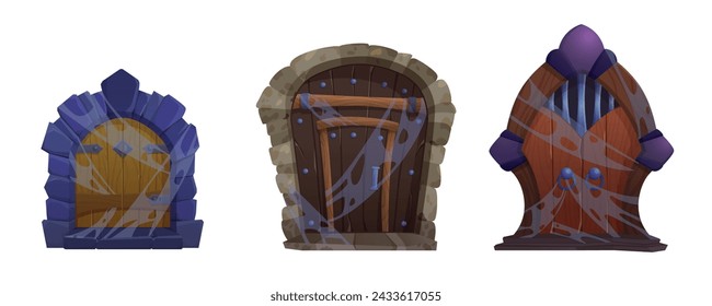 Old medieval wooden doors set isolated on white background. Vector cartoon illustration of abandoned building design elements, dusty stone porch, cobweb on arch doorway with locked gate, iron doorknob