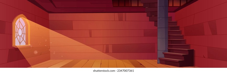 Old medieval wooden room empty interior with stairs and column. Sunlight from window with magic sparkle inside castle tower panorama. Mystery fairytale indoor location with staircase horizontal design