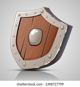 Old medieval wooden shield. Vector icon illustration.