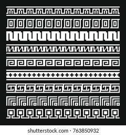 Old mediterranean greek vector pattern repetitive horizontal borders set on black background. Border pattern in antique greek style horizontal vector illustration