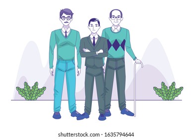 old men and businessman standing over decorative plants and white background, colorful design, vector illustration