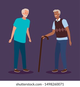 old men with casual clothes and walking stick
