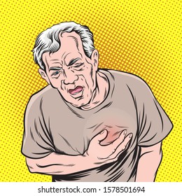 Old men with chest pain.Pop art retro vector illustration vintage kitsch drawing