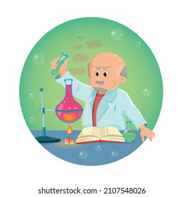 Viejos haciendo experimentos de química. Manteniendo el matraz y el tubo de ensayo en las manos. Los viejos científicos realizan experimentos.