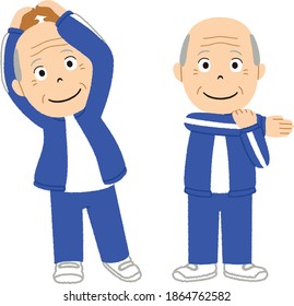 Old men are doing stretching like preparatory exercise.