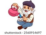 Old men drinks some tea. Clipart cartoon.