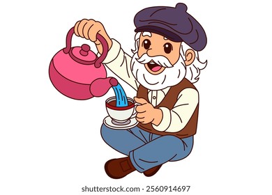 Old men drinks some tea. Clipart cartoon.