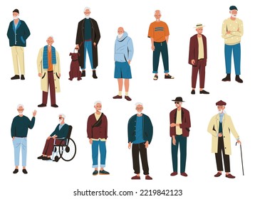 Old men. Elderly male characters in modern cartoon style, active happy retired people smiling grandpas in different poses. Vector isolated collection. Grandfather wearing stylish casual outfits