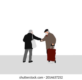 Old men with face mask talking and greeting each on street other vector illustration in flat style. Virus protection concept