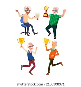 Old Men Holding Trophy Cup Together Set Vector. Elderly Person Hold Golden Trophy Cup, Certificate And Award In Star Shape Won In Competition. Characters Senior With Reward Flat Cartoon Illustrations