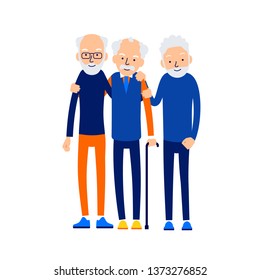 Old men hugging. Three older men are standing together. Romantic relationship. Happy smiling seniors at leisure. Concept male friendship. Cartoon illustration isolated on background in flat style.