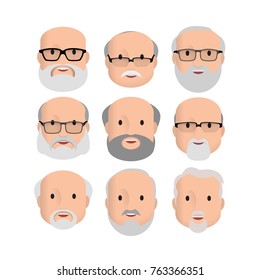 Old Men Male Human Face Head Hair Hairstyle Mustache Bald People Fashion. Design flat avatar for social media. Vector illustration