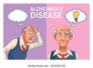 old men patients of alzheimer disease with speech bubble and bulb vector illustration design
