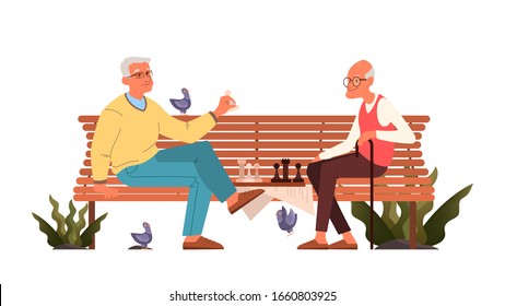 Old Men Play Chess. Elderly Peope Sitting On Park Bench With Chessboard. Chess Tournament Between Two Old Men. Isolated Vector Illustration In Cartoon Style