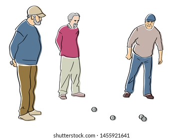 Old men play petanque. Black isolated contour and colors. Hand drawn style. Vector element. Colorful fun flat illustration.