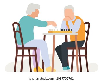 Old men playing chess board game. Elderly people activity