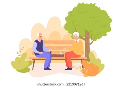 Old Men Playing Chess On Park Bench Together. Elderly People Or Friends Playing Logic Game Outside Flat Vector Illustration. Chess, Hobbies, Retirement Concept For Banner Or Landing Web Page