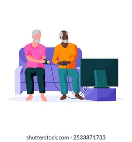 Old men playing video games on playstation. Senior people playing with controllers, gamepads and console. Elderly male characters with modern gadget. Retired frieds using electronic device, technology