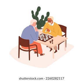 Old men, senior friends playing chess, board game. Elderly people, retired characters players at chessboard at home leisure, relaxing together. Flat vector illustration isolated on white background