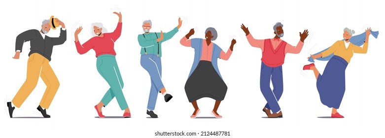 Old Men and Women Dance Isolated on White Background. Senior Pensioners in Fashioned Clothes Dancing, Relaxing on Party. Elderly Characters Leisure or Active Hobby. Cartoon People Vector Illustration