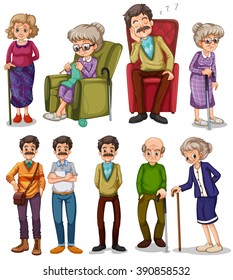 Old men and women in different actions illustration