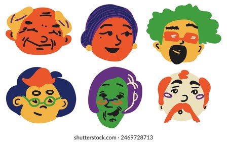 Old men and women faces set. Trendy fashion portraits of old people cartoon avatars set. Cartoon colorful contemporary cute collection. Isolated stylish vector illustration of diverse senior character