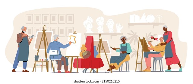 Old Men and Women Learn Drawing in Art Studio Class. Elderly Male and Female Characters Sitting at Easel Create Pictures with Support of Teacher in Workshop. Cartoon People Vector Illustration