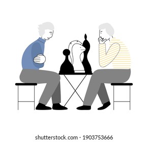 Old mens play chess. Elderly people spend leisure time have chess tournament. They are focused on chessbord and thinking about strategic. Concept vector illustration