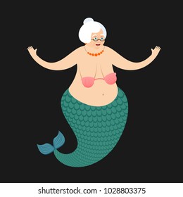 Old Mermaid grandma. Mythical underwater Grandmother with fish tail. Vector illustration
