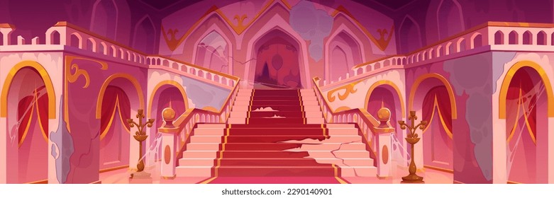 Old messy castle interior with broken stairs. Dirty abandoned hall of royal palace with torn carpet, cracks in walls, staircase and spiderweb, vector cartoon illustration