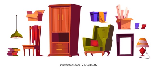 Old messy home living room interior furniture and equipment. Cartoon vector illustration set of armchair and lamp with stains, wooden cupboard and chair, boxes with stuff and garbage paper cup.