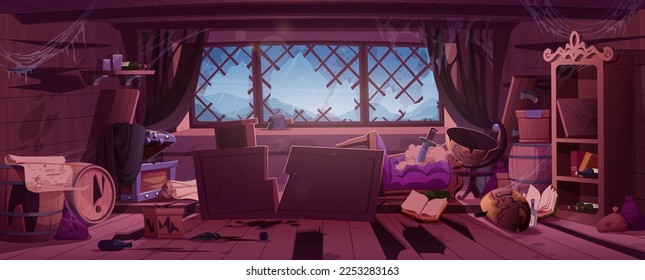 Old messy pirate ship cabin inside. Broken abandoned boat interior with dirty broken wooden furniture, empty chest, barrels, rum bottles, sea storm and rain behind window, vector cartoon illustration