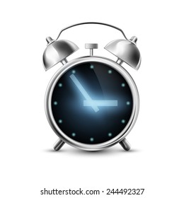 Old metal alarm clock with digital display isolated on white background