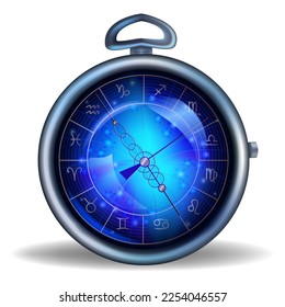 Old metal clock with a glass dial on a night background, and zodiac signs with minute and second hands for counting time